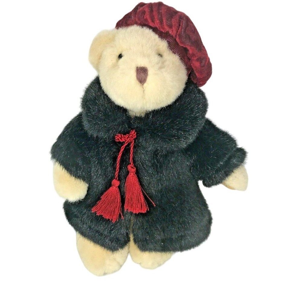 Russ Collectible Stuffed Teddy Bear Sasha Faux Fur Black Coat & Red Beret Hat 8"